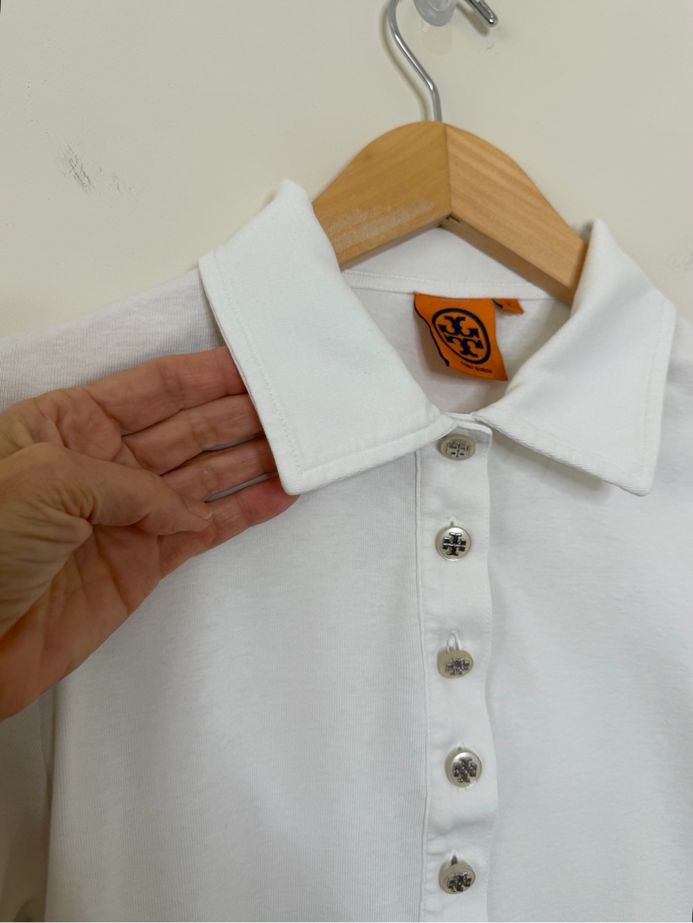 Tory Burch White Knit Polo Top Logo Buttons 3/4 Sleeve Stretch Classic Size M - Picture 3 of 11